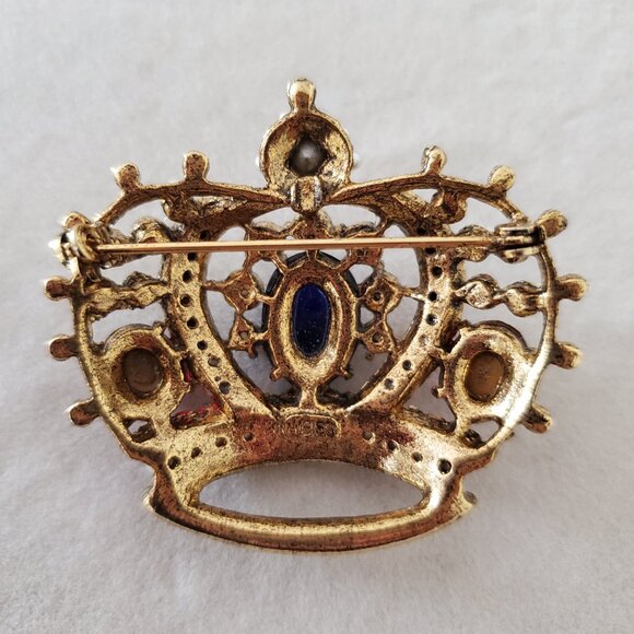 Vintage WEISS Signed Royal Crown Brooch Pearls Cabachon Aurora Borealis Goldtone - Picture 6 of 7